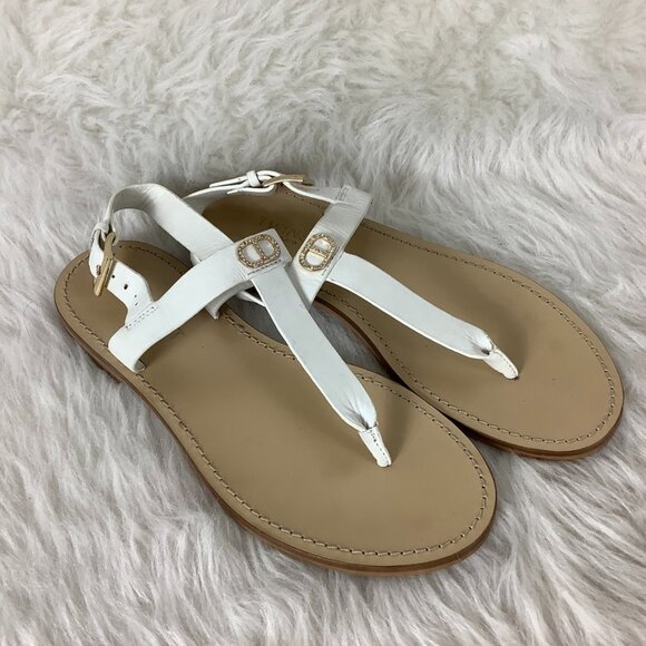 Twinset White Leather Gold Tone & Crystal Logo Flat Sandals 39 - Picture 1 of 6